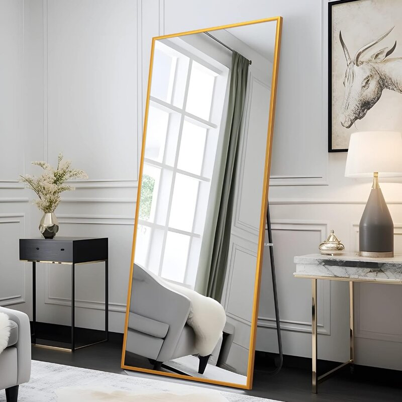 Полноразмерное зеркальное подвесное туалетное зеркало, настенное зеркало с подставкой, полный корпус из алюминиевого сплава, золото, 65 дюймов x 22 дюйма, бесплатная доставка