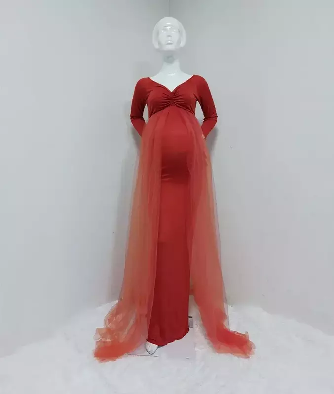 Gaun Maxi fotografi Wanita lengan panjang bahu terbuka alat peraga fotografi gaun Tulle pernikahan gaun putri duyung untuk pemotretan Baby Shower
