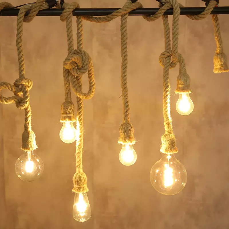 Luzes suspensas com corda de cânhamo, luminária com lâmpadas penduradas estilo loft, industrial, vintage, para decoração de sala de estar, cozinha