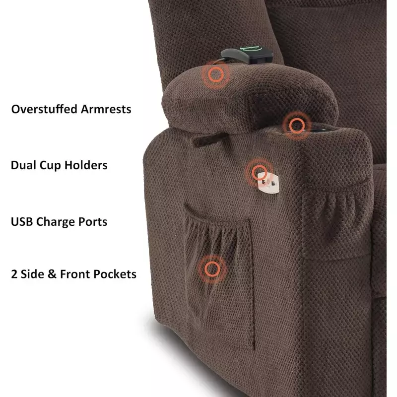 Mcombo เก้าอี้ปรับเอนพลังงานไฟฟ้าผ้าพร้อมความร้อนและการนวด, ที่วางถ้วย, พอร์ต USB, ที่วางเท้าแบบขยาย, ผ้าขับเคลื่อน