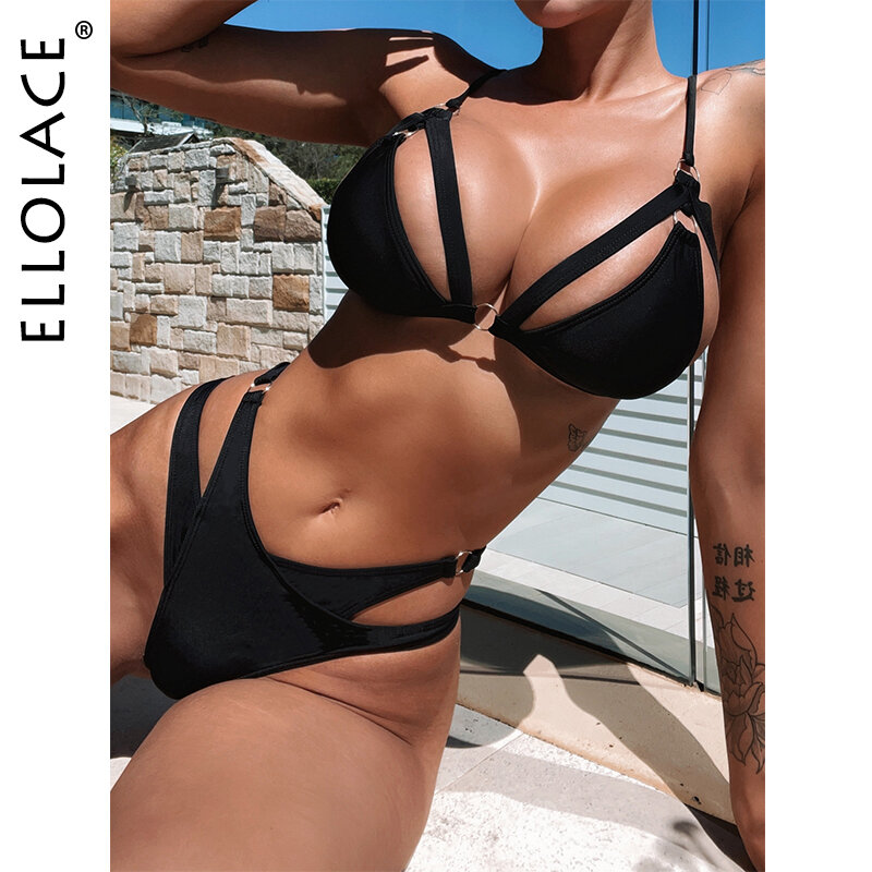 Ellolace Sexy Women's Swimsuit Hollow Out Bikinis 2023 Brazilian Woman Push Up Triangle Swimwear Black Hot Beach Wear