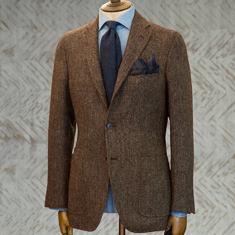 Jas pria Blazer coklat tuksedo Prom wol Herringbone wol Tweed Single Breasted Formal bisnis jaket untuk pernikahan (hanya mantel)