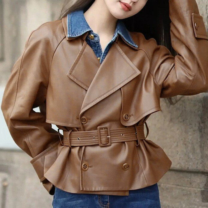 Genuine leather jacket, spring  new casual small fragrance, high-end short style, double breasted leather jacket, outerwear