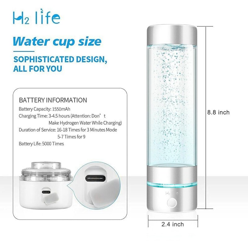 Garrafa de água esportiva, gerador profissional de água rico em hidrogênio com spe e ponder, 320ml, 5000ppb, modo duplo