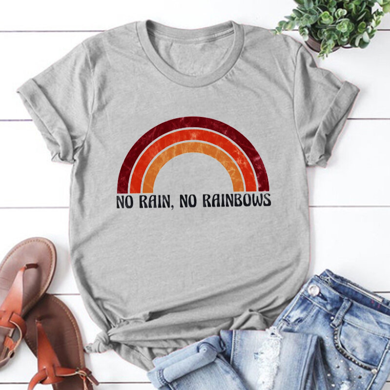 Camisetas con estampado de "No Rain No Rainbow" para mujer, Ropa Retro Vintage para mujer, camisetas clásicas para vacaciones de verano