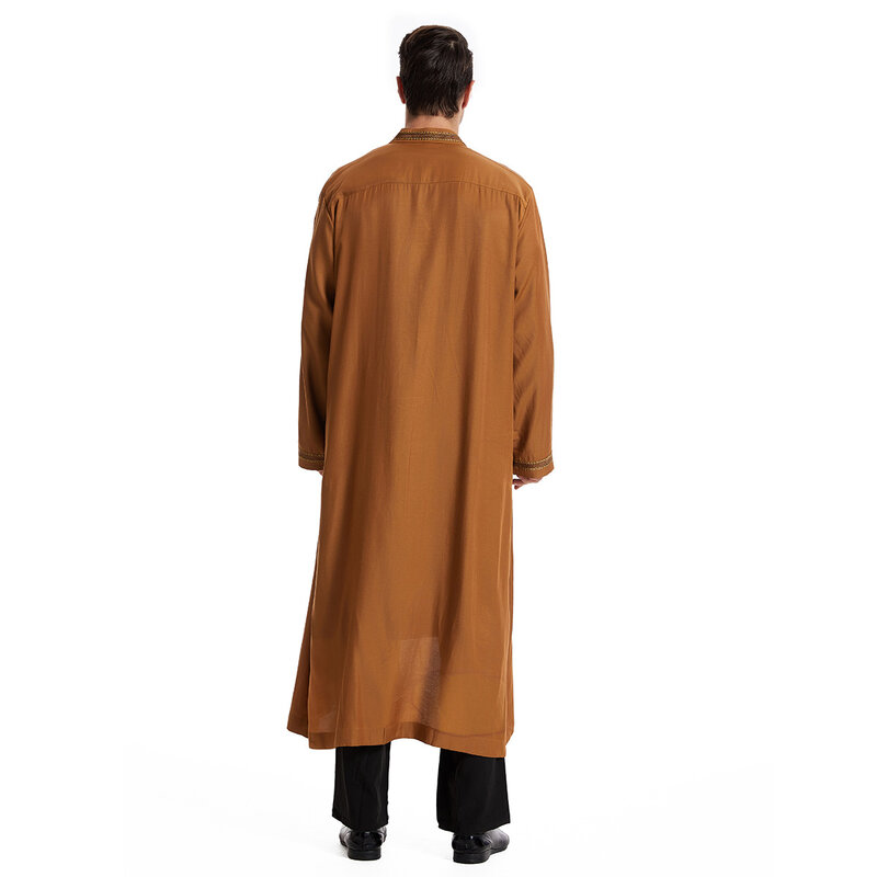 Muslim Timur Tengah Pria Lengan Panjang Ramada jubah Arab berdiri kerah bordir Islami Kaftan gamis Maxi-Muslim Dubai Cardigan
