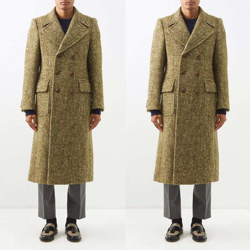 Men Long Overcoat Tweed  Wool Blend Coat Winter Business Outwear Custom Made