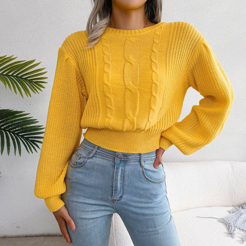 Women's Round Neck Long Sleeve Cable Knit Pullover Sweater Casual Ribbed Chunky Loose Jumper Tops Solid Color Short Sweaters