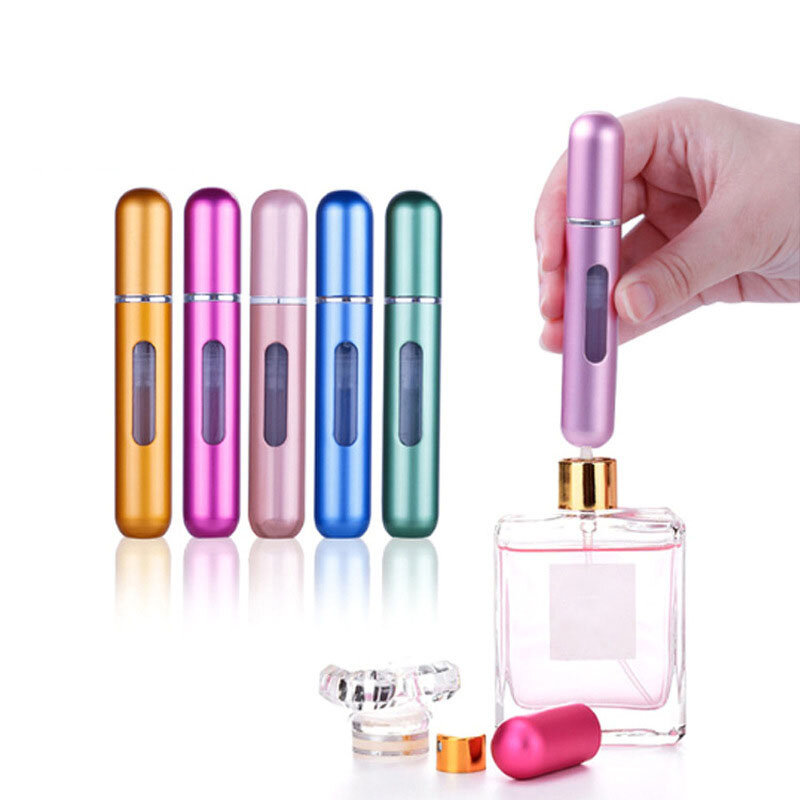 Mini botella de Perfume de aluminio multicolor de 5/8ml con bomba de pulverización, botella atomizadora recargable vacía portátil para viaje esencial