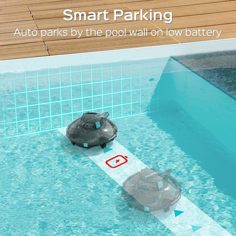 مكنسة حمام سباحة آلية لاسلكية بتصميم شفاف ، مثالية للمسطحة فوق المسبح ، قوية ومريحة