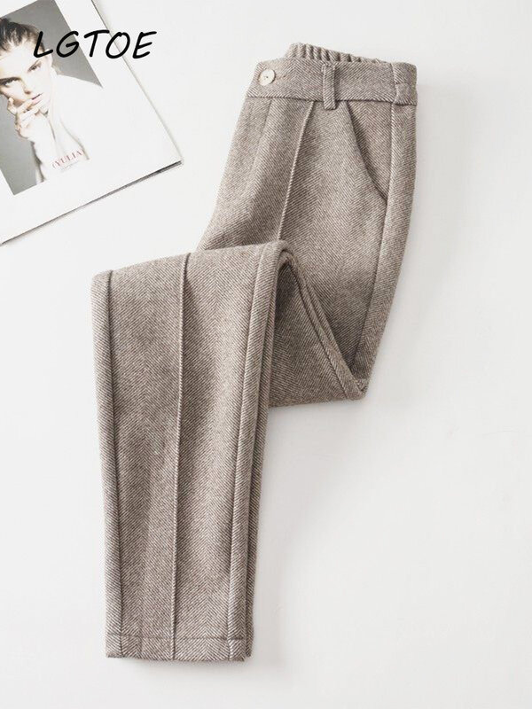Pantaloni Casual Harem in lana a vita alta per donna autunno inverno pantaloni caldi pantaloni da ufficio dritti a matita spessi pantaloni coreani 2023