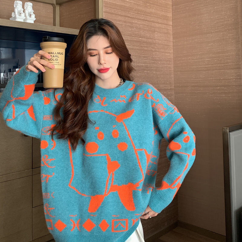 Sweter Pola Kartun Longgar Pullover Musim Gugur dan Musim Dingin Versi Korea Leher Bulat Lengan Panjang Atasan Rajut Semua Cocok Wanita