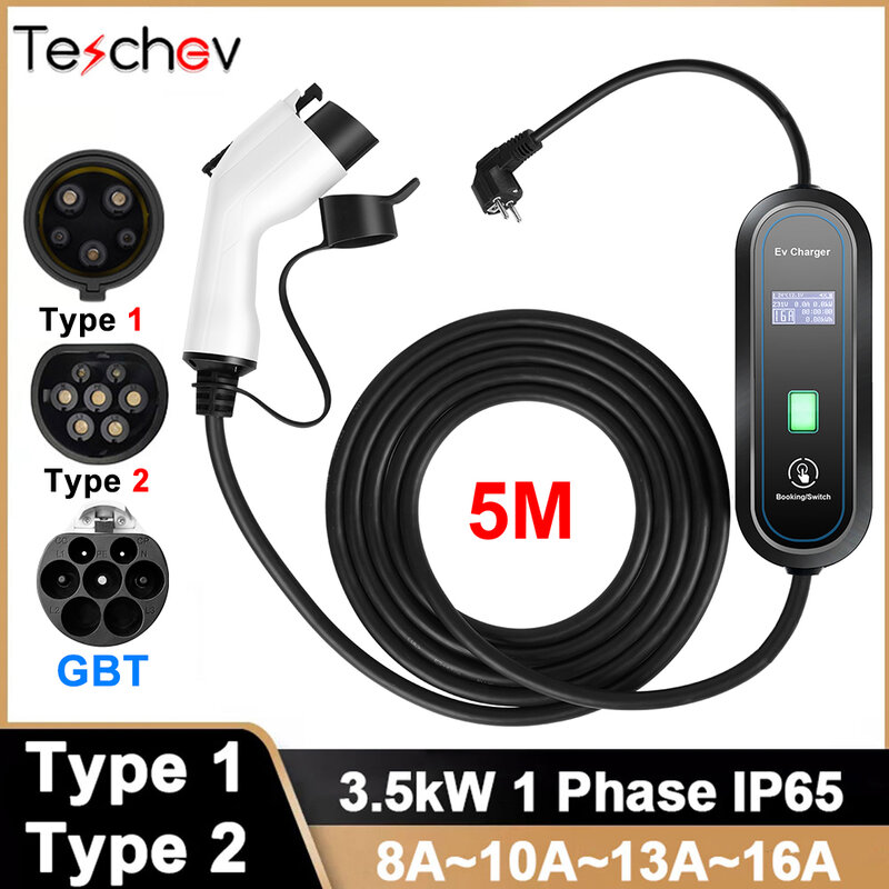 Teschev 220 В портативное зарядное устройство для электромобилей тип 1 16 А, зарядный кабель 5 м GBT Wallbox EVSE Тип 2, зарядные станции для электромобиля