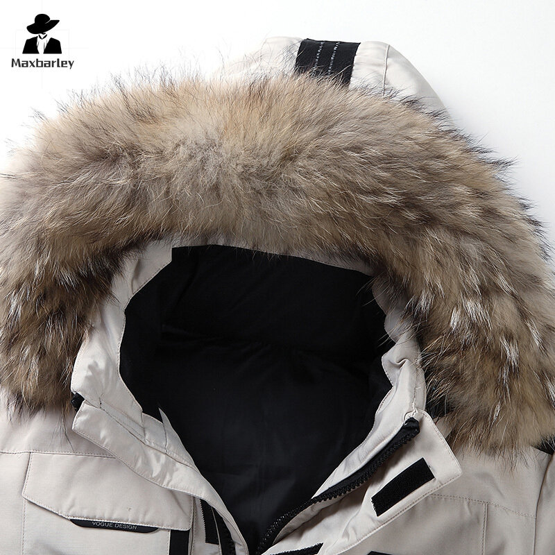 Jaqueta com capuz de gola de pele masculina, casaco branco de pato, à prova de frio, luxo, Coreia do Sul, corrida, inverno