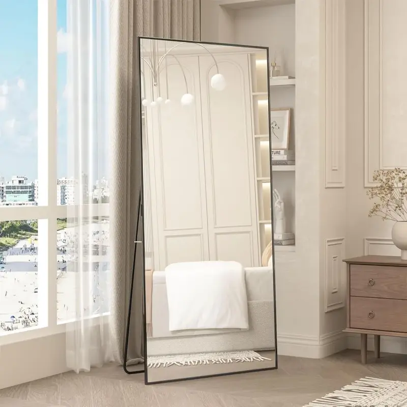 Cermin panjang penuh 65 inci × 24 inci, lantai kaca berdiri besar, terhadap dinding untuk kamar tidur, bingkai cermin tipis (hitam, 65x24)