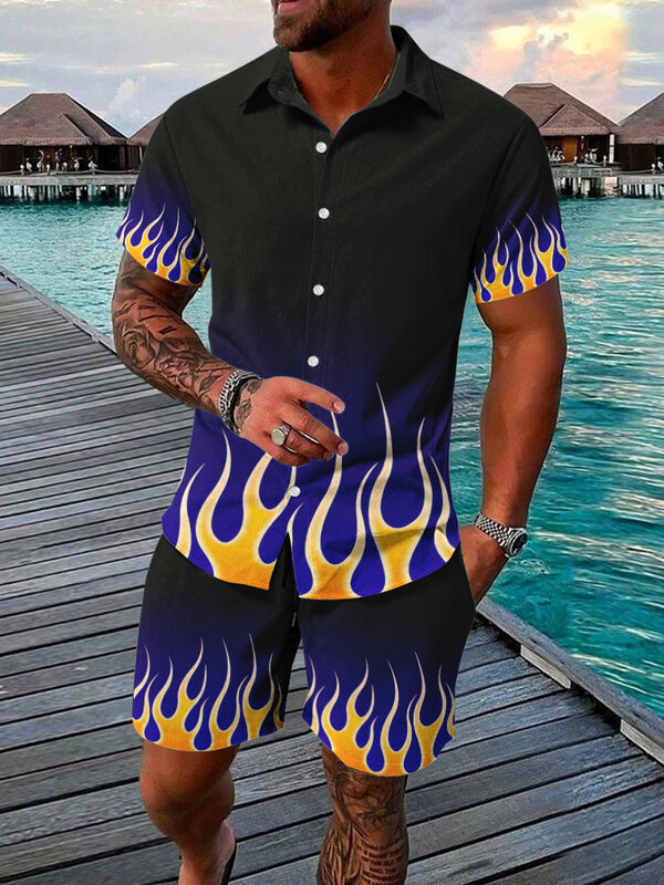 Conjunto de camisa de manga corta y pantalones cortos de playa para hombre, camisa informal Hawaiana para vacaciones, pantalones cortos elegantes y cómodos para hombre, Verano