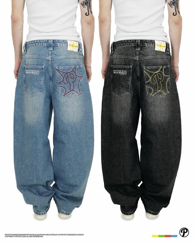 Harajuku Protect lettera ricamo Jeans Hip Hop per uomo Y2k Retro Baggy nero dritto gamba larga pantaloni Streetwear abbigliamento uomo