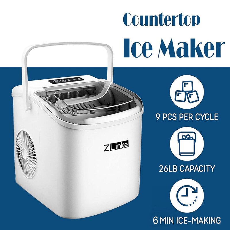 Máquina de hielo portátil con Autolimpieza, máquina de hielo de encimera, 26,5 libras/24 horas, blanco, EE. UU., nuevo