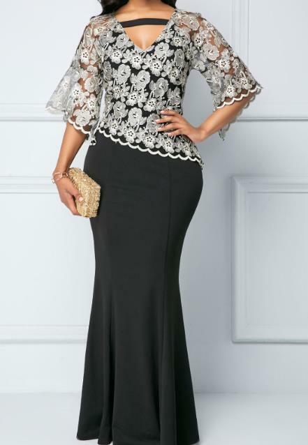 Spot 2023 Women's New Fashion Hot Sale Summer Casual Lace Patch V-Neck Slim Fit Wrap Hip Fishtail Dress
