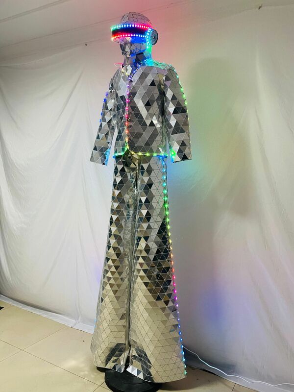 Costume de robot LED pour la fête d'Halloween, miroir, échasses, marcheur, DJ, spectacle, danse, carnaval, 2023