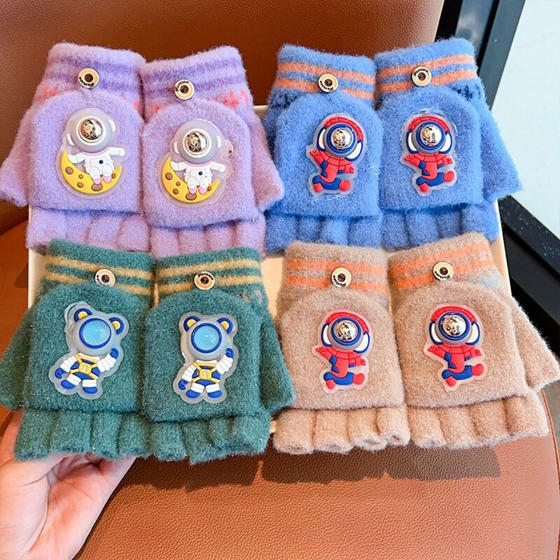 Astronaut Knitted Gloves Thickened Winter Warm Flip Half Finger Gloves Knitted Cartoon Children's Gloves For 4-10 Years Old