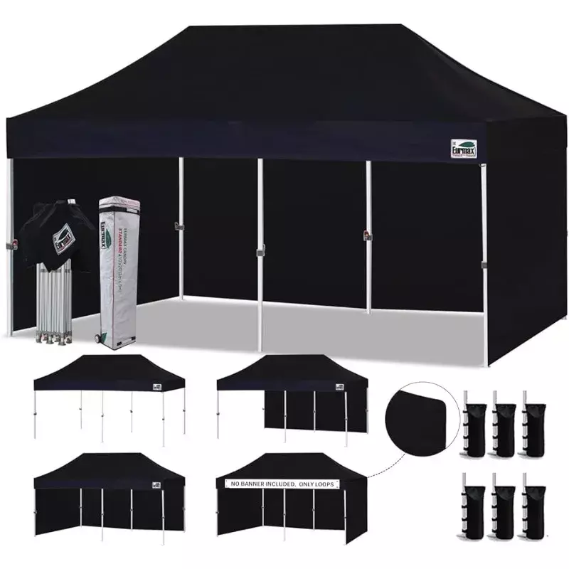 Euro-American Pop-Up Canopy Tent, Canopies instantâneos, 4 Zipper Removível, End Side Walls, Roller Bag, Preto, Comercial, Europa, 10 'x20 'Ez