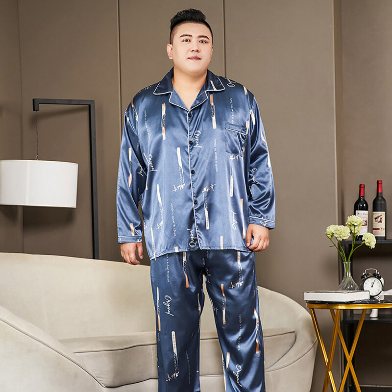5xl große Pyjamas für Männer 165kg Frühling Sommer Eis Seide Satin coole Pyjama Mann Set lässig lose Luxus Print Nachtwäsche Pyjama