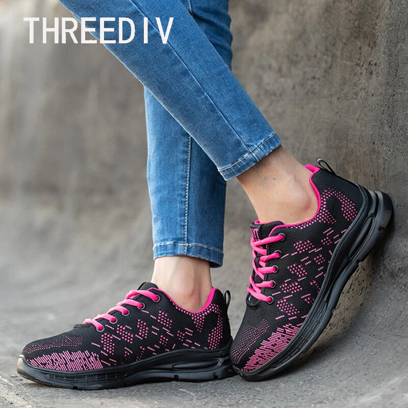 THREEDIV-zapatos de seguridad con punta de acero para mujer, zapatillas ligeras y transpirables a prueba de perforaciones, botas de seguridad para construcción