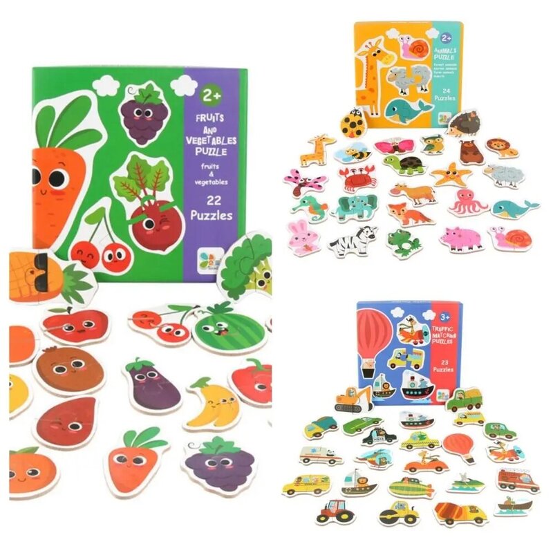 Montessori brinquedos educativos para crianças, quebra-cabeça de frutas, quebra-cabeça de madeira, multicamadas, tráfego, animal, dominó