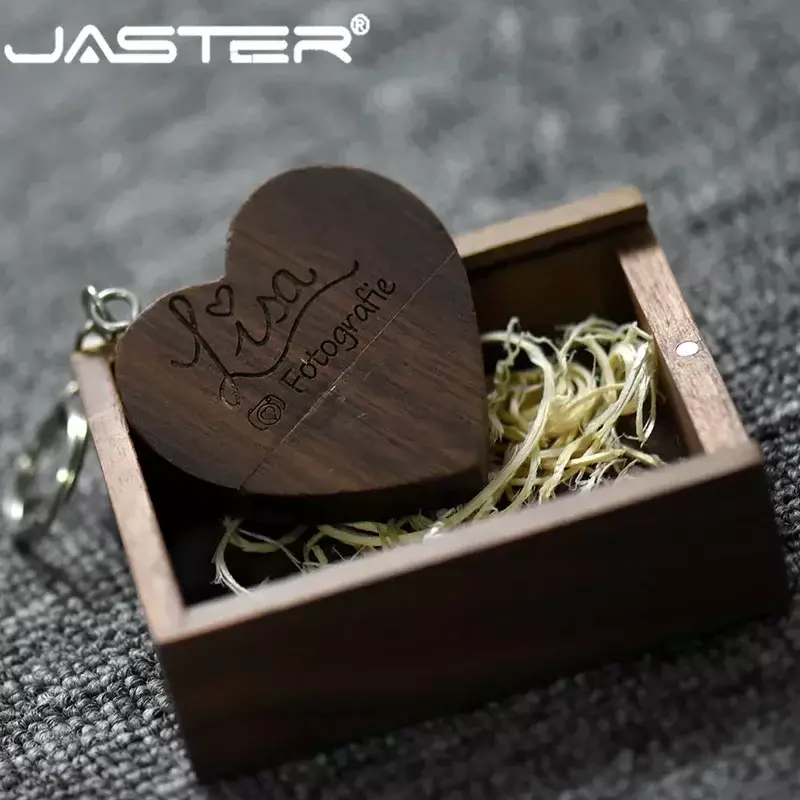 JASTER-Free 커스텀 로고 월넛 나무 하트 + 선물 상자 USB 플래시 드라이브 크리에이티브 펜드라이브 8GB 16GB 32GB 64GB, 메모리 스틱 U 디스크