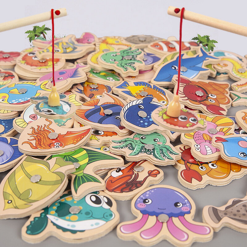 Juguetes de pesca de madera Montessori para niños, juegos de peces magnéticos de cognición de Vida Marina, juguete educativo interactivo para padres e hijos