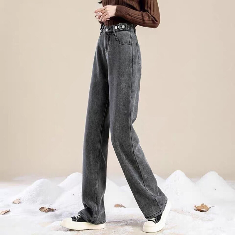 Damskie zimowe aksamitne dżinsy koreańskie spodnie jeansowe z wysokim stanem pasujące do podszyty polarem z szerokimi nogawkami pantalony Vintage
