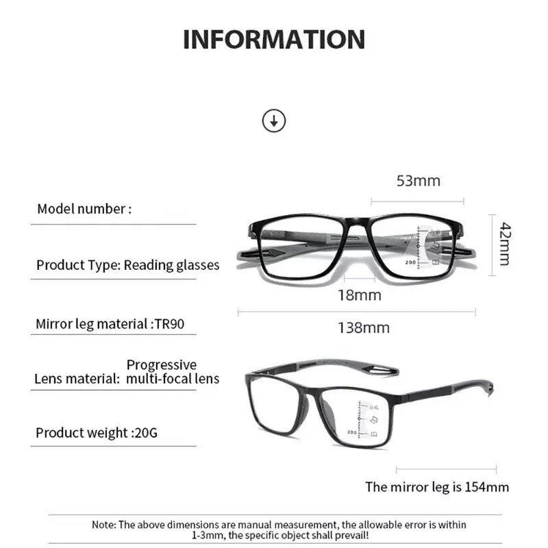TR90 안티 블루 라이트 다초점 독서 안경, 남성 여성, 프로그레시브 근거리 원거리 안경, 초경량 스포츠 파사이트 안경