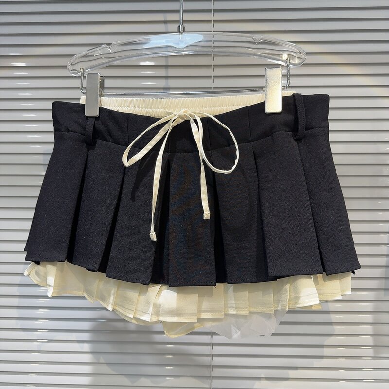 2024 Summer New Arrival Drawstring Bandage Ruched Waist Short Mini Pleated Skirt Women 0 Faldas