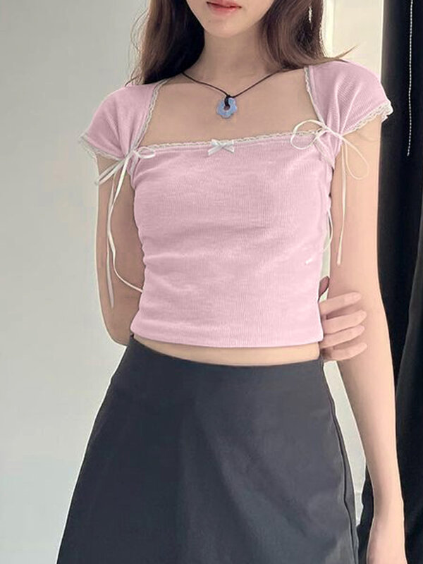 IAMSURE Sweet Bandage Lace Trim Cropped T Shirt Slim Solid Square Collar Shoort Sleeve Tees donna 2024 Summer Fashion Streetwear