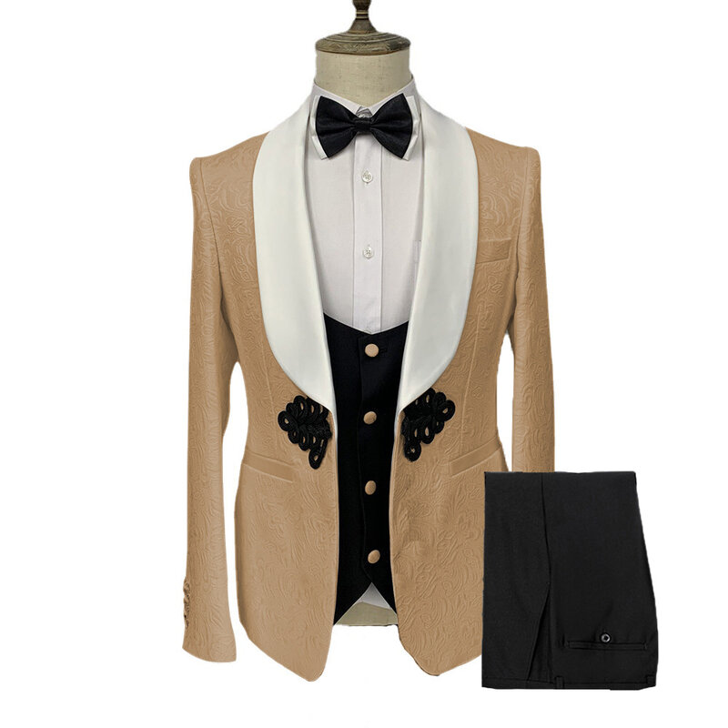 Men Suit 3 Pieces Slim Fit Formal Jacquard Plate Buckle Suitable For Wedding Banquet Groom Jacket Black Vest With Pants