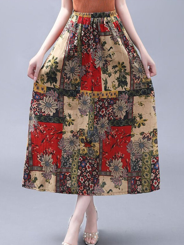 Loose Pockets Style Elegant Cotton Floral Printed Skirts High Waist Elastic A Line Boho Beach Holiday Long Skirts
