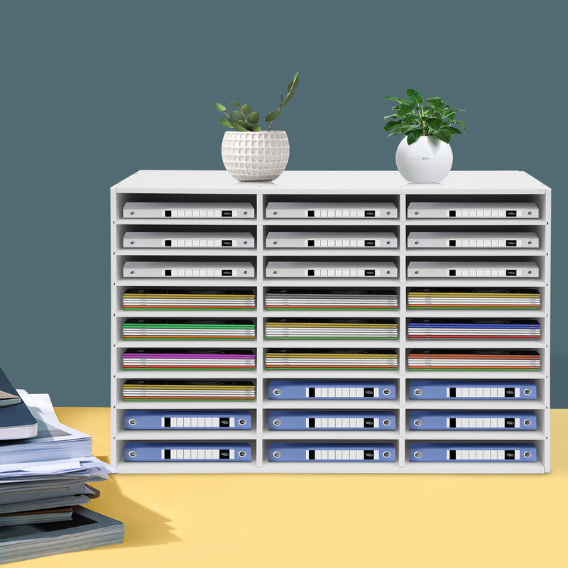 Estante de almacenamiento de literatura, soporte de archivos de PVC, escritorio, 27 ranuras, blanco