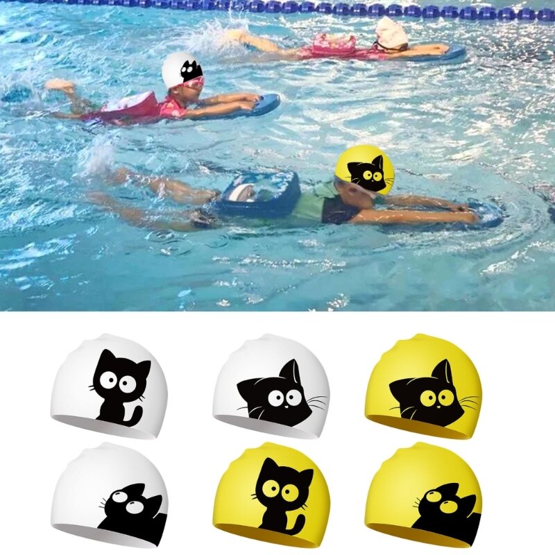 긴 머리 귀를 위한 귀여운 고양이 수영 모자, 어린이 보호 방수 탄성 실리콘 수영 풀 모자, 다이빙 모자