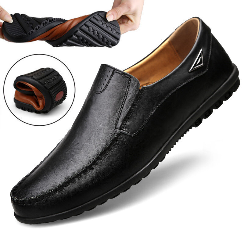 Zapatos informales de piel auténtica para hombre, mocasines transpirables de marca de lujo, sin cordones, color negro, talla grande 37-47, 2023