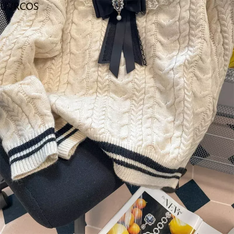 Jesienno-zimowe styl Preppy JK dzianinowe swetry damskie urocza koronka marynarski kołnierzyk swetry Retro Y2k zagęszczony ciepły sweter