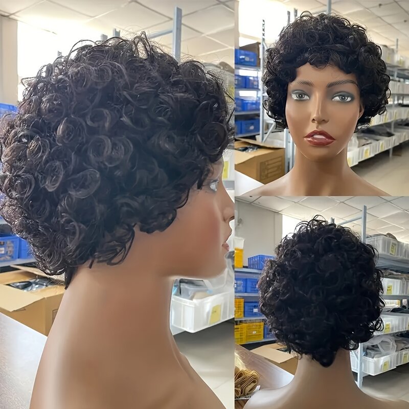 Wig keriting dalam pendek renda Frontal untuk rambut sintetis wanita manusia Pixie mesin penuh gelombang air dengan kepadatan 180% 6 inci