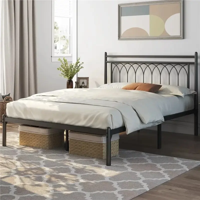 Metal cama Frame com pétala acentuados cabeceira, cama queen quadros