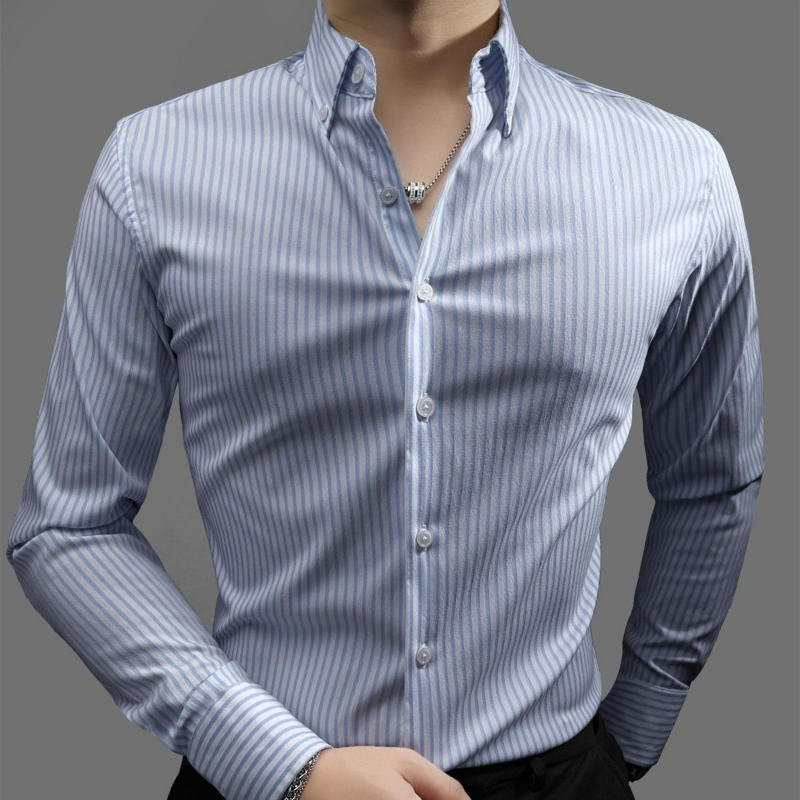 Spring New Fashion Simple Men Long Sleeved Shirt Solid Lapel Collar Button Smart Casual Light Luxury Versatile Slim Striped Top