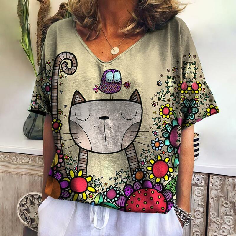 Women's T-shirt Cartoon Cat Print Loose Leisure Summer Short Sleeve V-Neck Kawaii Tee Shirts With Cat Funny Femininity Clothing