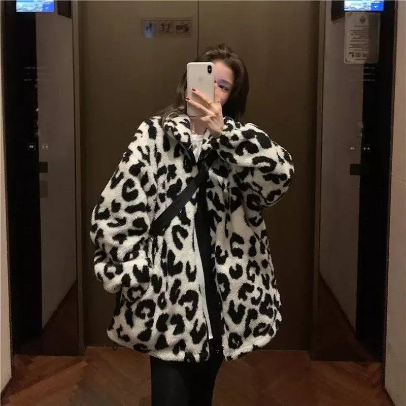 소가죽 레오파드 무늬 라펠 긴팔 코트, 인조 모피 양면 보온성, 귀여운 여성 재킷, 패션 트렌드, 2021 겨울 신상