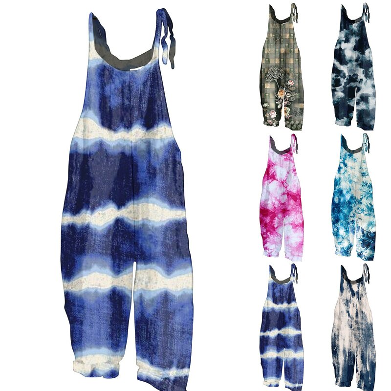 Women Summer Jumpsuit Loose Wide Leg Casual Lady Jumpsuit Vintage Flower Printing Sleeveless Women Overall Female Clothes