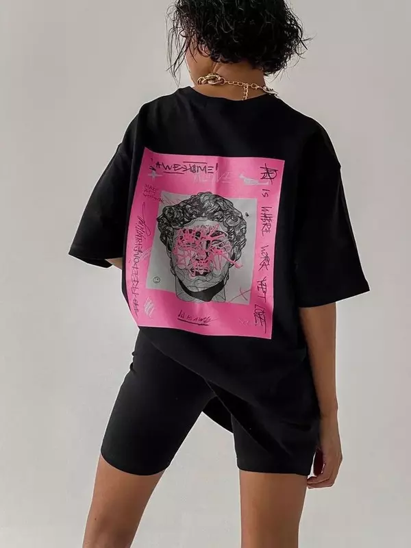 BF 스타일 프린트 오버사이즈 여성 티셔츠, 기본 코튼 티셔츠, 블랙 O넥 반팔 상의, 하라주쿠, 2024 여름