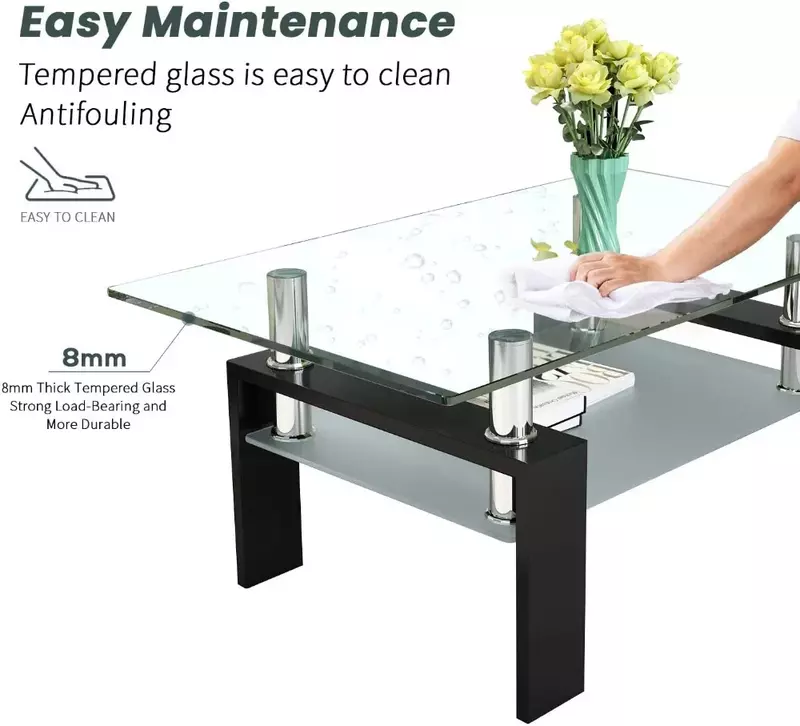 Tavolino rettangolare in vetro-tavolino moderno con lato centrale e ripiano inferiore gambe in metallo nero-completo per soggiorno (nero)