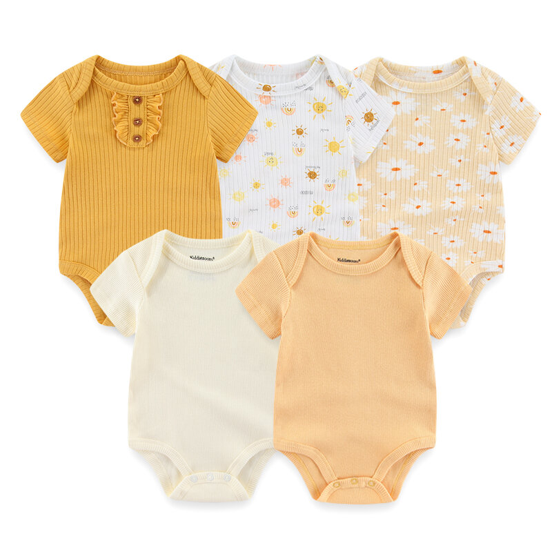 Bodysuit bayi baru lahir uniseks, baju bayi perempuan 5 potong warna Solid, Set pakaian bayi laki-laki katun, motif kartun musim panas Bebes